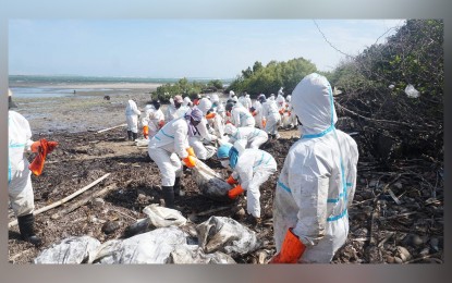 <p><strong>CLEAN-UP DRIVE</strong>. Semirara Mining and Power Corporation (SMPC) is now working with several government agencies, the local government and affected residents to clean up the oil spill in Semirara Island in Caluya town, Antique province since March 4, 2023. This, after a tanker sank in Oriental Mindoro province last March 1. <em>(Photo courtesy of SMPC)</em></p>