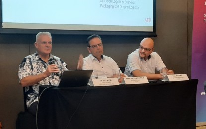 <p><strong>LOGISTICS TECH.</strong> (From left to right) AEB (Asia Pacific) Pte. Ltd. general manager Frans Kok; AEB SE managing director Marcus Meissner; and AEB SE category manager intralogistics Paul Rivera answer questions during a press conference at the Seda Hotel in Taguig City on March 14, 2023. The executives push for digitization in Philippine ports to avoid port congestion and supply chain bottlenecks. <em>(PNA photo by Kris Crismundo)</em></p>