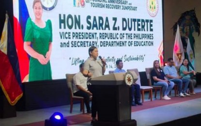 <p><br /><strong>VIP VISIT</strong>. Vice President Sara Duterte speaks during the 116th Founding Anniversary and Tourism Recovery Jumpstart event in Kabankalan City, Negros Occidental province on Tuesday afternoon (March 14, 2023). Mayor Benjie Miranda said he asked assistance of Duterte for the completion of the airport in the southern Negros city. <em>(Photo courtesy of Arman P. Toga)</em></p>