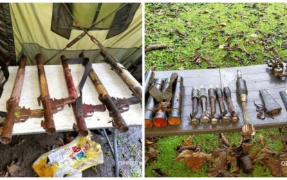 <p><strong>SEIZED WAR MATERIEL.</strong> The guns and explosive materials recovered by Marine troopers on several abandoned makeshift houses on the outskirts of Barira town, Maguindanao del Norte province on March 12, 2023. The Army says the firearms belong to remnants of the Dawlah Islamiya-Maute terror group operating in the border of Maguindanao and Lanao del Sur provinces. <em>(Photo courtesy of 6ID)</em></p>