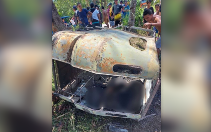 <p><strong>BURNED.</strong> The burned tricycle of a couple allegedly engaged in illegal fuel peddling in Matalam, North Cotabato, with a charred body inside on Wednesday (March 15, 2023). The couple died after their tricycle caught fire after hitting a tree. <em>(Photo courtesy of Matalam resident Alexander Ereje Facebook Page)</em></p>