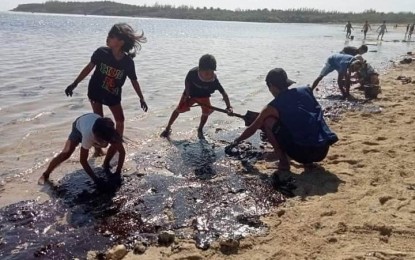 <p><strong>COMPENSATION</strong>. Affected families in the island municipality of Caluya, Antique province help clean up their shorelines after the oil spill reached their shores on March 11, 2023. Environmental group Save Antique Movement (SAM) president Virgilio Sanchez said on Thursday (March 16) that they would support the demand for compensation by the Antique provincial government for the damage caused by the oil spill in the town. <em>(Photo courtesy of Caluya LGU)</em></p>