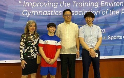 <p><strong>WORLD-CLASS EQUIPMENT.</strong> Gymnastics Association of the Philippines (GAP) president Cynthia Carrion, world champion gymnast Carlos Edriel Yulo, Japanese ambassador to the Philippines Koshikawa Kazuhiko and Japanese coach Munehiro Kugimiya graces the inauguration ceremony for the top-of-the-line gymnastics equipment at the GAP training center inside the Rizal Memorial Sports Complex in Malate, Manila on March 17, 2023. The PHP7 million worth of equipment was donated by the Japanese government through its Grant Assistance for Cultural Grassroots Project. <em>(PNA photo by Jean Malanum)</em></p>