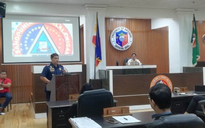 <p><strong>SECURITY</strong>. Antique Provincial Police Office (APPO) Director Col. Alexander Mariano talks about the threat and risk assessment of the province before the provincial board during the regular session on Monday (March 20, 2023). Mariano said elected and appointed officials in the province should not be complacent about their security in spite of the province being a peaceful place.<em> (PNA photo by Annabel Consuelo J. Petinglay)</em></p>