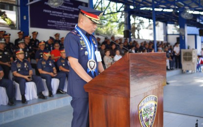 <p><strong>NEW PRO-7 CHIEF</strong>. Police Regional Office-7 chief, Brigadier General Anthony Aberin, delivers a speech during a turnover ceremony on Monday (March 20, 2023) at the Camp Sergio Osmeña Sr. in Cebu City. Aberin vowed to dismantle private armed groups in Central Visayas amid the recent violence in Negros Oriental that killed Governor Roel Degamo. <em>(Photo courtesy of PRO-7)</em></p>