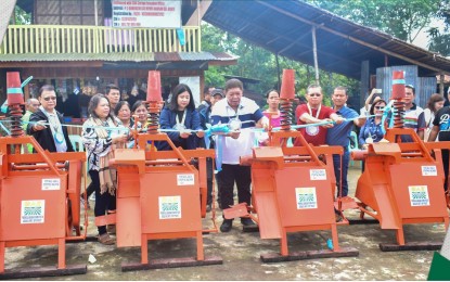<p><strong>STRIPPING MACHINES.</strong> Department of Agrarian Reform in the Caraga Region Director Merlita Capinpuyan (2nd left), together with Mayor Karen Rosales (3rd left) and Vice Gov. Enrico Corvera (4th left), hands over four abaca stripping machines worth PHP640,000 to the Bonifacio Agrarian Reform Beneficiaries (BARC) on Monday (March 20, 2023) in Las Nieves, Agusan del Norte. The stripping machines will directly benefit 302 members of the organization who are engaged in abaca farming in the town.<em> (Photo courtesy of Las Nieves MIO)</em></p>