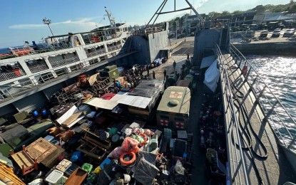 <p><strong>TRANSFER</strong>. A Philippine Navy ship transports the Army's 47th Infantry Battalion's troops, equipment, vehicles and logistics to Dumaguete City, Negros Oriental on Monday (March 20, 2023). This was after the battalion transferred its headquarters from Bohol to Negros Island. <em>(Photo courtesy of Joint Task Force Negros)</em></p>