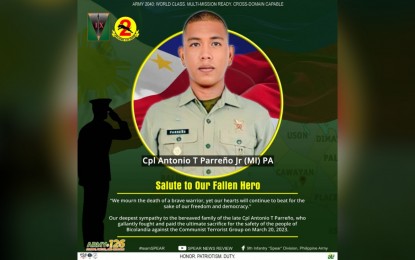 <p><strong>SLAIN SOLDIER</strong>. Cpl. Antonio Parreño Jr., the soldier killed during a clash with rebels on Monday (March 20, 2023) in Cawayan town, Masbate province. The gun battle occurred after soldiers responded to a report by villagers about an armed group in the area. <em>(Photo courtesy of 9ID)</em></p>