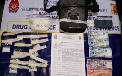 <p><strong>DRUG HAUL</strong>. Operatives of Bacolod City Police Office-Drug Enforcement Unit arrest two high-value suspects and seize 300 grams of suspected shabu worth PHP2.04 million during a buy-bust in Purok San Roque 1, Barangay Handumanan on Saturday (March 18, 2023). The suspects were identified as Maria Elirica Celis, 39, and Carlo Purillo, 36, both tagged as high-value individuals.<em> (Photo courtesy of Bacolod City Police Office-City Drug Enforcement Unit)</em></p>