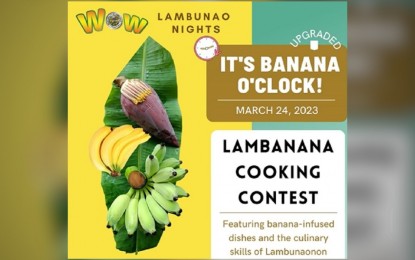 <p><br /><strong>BANANA O’CLOCK</strong>. Banana products will take center stage during the March 24-25 “Wow Lambunao Nights” of the municipality of Lambunao in Iloilo province. The event hopes to raise awareness among residents about the agricultural product that was tagged as the One Town, One Product of the municipality. <em>(Photo screenshot from LEDIP Lambunao)</em></p>