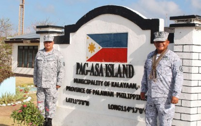 <p><strong>VISIT TO PAGASA ISLAND.</strong> Philippine Navy flag officer in command, Vice Admiral Toribio Adaci Jr. (right), is joined by Naval Forces West commander, Commodore Alan Javier (left), in his visit to Pagasa Island on March 19, 2023. Adaci inspected naval installations in the area and reached out to troops during his visit. <em>(Photo courtesy of Naval Forces West)</em></p>