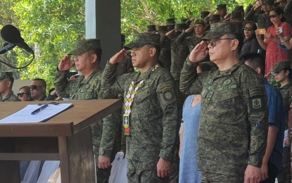 <p><strong>CHANGE OF COMMAND.</strong> Philippine Army chief, Lt. Gen. Romeo Brawner Jr., presides over the change of command ceremony at the 4th Infantry Division headquarters in Cagayan de Oro City on Thursday (March 23, 2023). Maj. Gen. Jose Maria Cuerpo II succeeds Maj. Gen. Wilbur Mamawag to lead the Army division covering parts of Northern Mindanao and Caraga regions. <em>(PNA photo by Nef Luczon)</em></p>