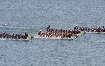 <p><strong>DRAGON BOAT RACE.</strong> Local and international athletes compete in a dragon boat race held at the Paoay Lake in this undated photo. This year, the national leg of the Philippine Canoe Kayak Dragon Boat Federation competition will be held at the same site. <em>(Contributed photo)</em></p>