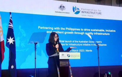 <p><strong>POLICIES ON INFRA PROJECTS</strong>. Australian Ambassador Hae Kyong Yu PSM delivers her opening remarks during the launching of Partnerships for Infrastructure (P4I) at Conrad Hotel in Pasay City on March 24, 2023. The P4I will provide advisory services to the Philippine government to iron out its policies on infrastructure projects. <em>(PNA photo by Kris Crismundo)</em></p>