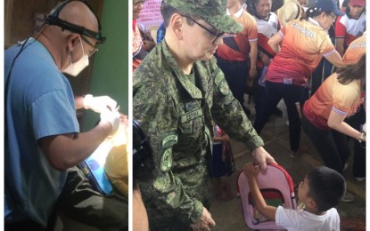 <p><strong>MEDICAL MISSION.</strong> Reservist Master Sgt. Emmanuel Barcenas (left photo), a urologist and surgeon, performs minor surgery on a resident of Barangay Gen. Climaco-Casoy in Toledo City, Cebu during a medical mission on Friday (March 24, 2023). Meanwhile, Brig. Gen. Erik Miguel Espina (right photo), chief of the 1901st Ready Reserve Infantry Brigade, joined Mayor Marjorie Perales and other local officials in distributing school bags to preschoolers. <em>(Photo courtesy of 1901st Brigade CMO)</em></p>