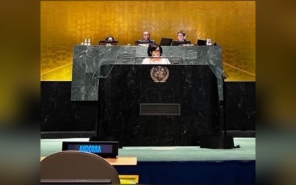<p><strong>ADDRESSING WATER CRISIS</strong>. Environment Secretary Ma. Antonia Yulo-Loyzaga delivers her speech at the United Nations 2023 Water Conference held in New York on March 22 to 24. 2023. Loyzaga assured that the administration of President Ferdinand R. Marcos Jr. is proactively addressing the looming water crisis brought about by climate change. <em>(PCO photo) </em></p>