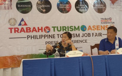 <p><strong>HOLY WEEK.</strong> Department of Tourism 10 (Northern Mindanao) Director Marie Elaine Unchuan (left) briefs the media in Cagayan de Oro City on Tuesday (March 28, 2023) on the job fair focused on the tourism industry. Unchuan says major hotels in the region are fully booked during the Lenten break. <em>(PNA photo by Ercel Maandig)</em></p>