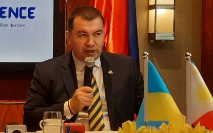 <p><strong>REBUILDERS NEEDED.</strong> Chargé d'affaires Denys Mykhailiuk of the Ukraine Embassy in Malaysia, which holds jurisdiction over the Philippines, during a press conference in Makati City on Wednesday (March 29, 2023). The envoy said the Ukrainian government is tapping the help of Filipino professionals in rebuilding its war-ravaged cities.<em> (PNA photo by Joyce Rocamora)</em></p>