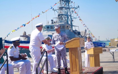 <p><strong>US NAVY SHIPS</strong>. The Philippine Fleet Commander, Rear Admiral Renato David, heads the PH Navy delegation during the decommissioning ceremony of the two US Navy Cyclone-class coastal patrol ships held in Bahrain on March 28. He also receives the two vessels during the handover ceremony following the decommissioning ceremony.<em> (Photo courtesy of PN)</em></p>