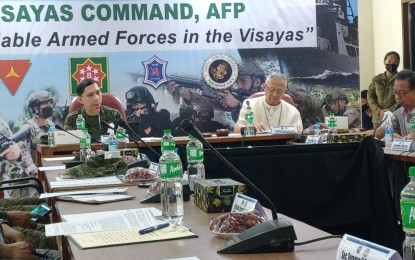 <p><strong>ELECTION WATCHLIST AREAS.</strong> Visayas Command chief Lt. Gen. Benedict Arevalo (left) attends the Multi-Sector Advisory Board meeting chaired by Cebu Archbishop Jose S. Palma (right) on Wednesday (March 30, 2023). Arevalo said the Visayas Joint Peace and Security Coordinating Center placed 158 cities and municipalities under security risk assessment after being identified by the Commission on Election as Election Watchlist Areas (EWAs). <em>(PNA photo by John Rey Saavedra)</em></p>