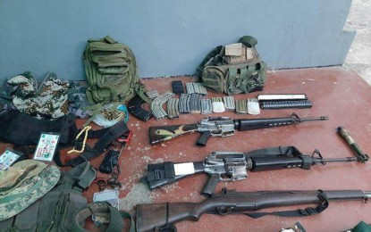 <p><strong>FIREARMS RECOVERED.</strong> Troops recover high-powered firearms and other war materiel after clashing twice with the Abu Sayyaf Group bandits and their lawless elements cohorts in Kaulungan Island, Al-Barka, Basilan province on Wednesday (March 29, 2023). The clashes ensued after the Joint Task Force (JTF)-Basilan and Naval Forces Western Mindanao Command launched a military operation against the bandits in Basilan. <em>(Photo courtesy of JTF-Basilan)</em></p>