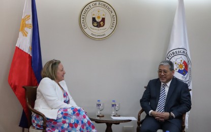 <p><strong>PH VISIT.</strong> Foreign Affairs Secretary Enrique Manalo meets with UK Minister of State for Indo Pacific Anne-Marie Trevelyan on Thursday (March 30, 2023). The United Kingdom and the Philippines are looking at an upgraded bilateral cooperation as London sought to strengthen maritime engagement with Manila in the Indo-Pacific region.<em> (Courtesy of Secretary Manalo)</em></p>