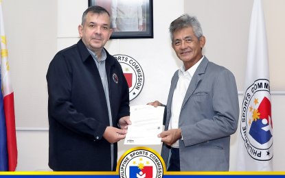 <p><strong>NEW COMMISSIONER</strong>. Philippine Sports Commission (PSC) chairman Richard Bachmann (left) with newly-appointed Commissioner Matthew “Fritz” Gaston, who officially reported to the office on Friday (March 31, 2023). President Ferdinand R. Marcos Jr. appointed Gaston on March 24. <em>(Photo courtesy of PSC)</em> </p>