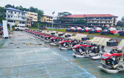 <p><strong>FARM MECHANIZATION.</strong> A total of PHP81.9 million worth of farm machinery and equipment were released to 37 accredited rice-based farmers’ cooperatives and associations during the turnover ceremony held on March 30, 2023 in Tandag City. The farm equipment is expected to help the rice farmers attain increased productivity and ensure food security in the province of Surigao del Sur. (<em><strong>Photo courtesy of DA-13)</strong></em></p>