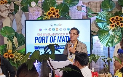 <p><strong>SOLUTION</strong>. Anti-Red Tape Authority Director General Ernesto Perez delivers his message during the launch of the Joint Memorandum Circular pledge of commitment at Matnog town in Sorsogon province on Friday (March 31, 2023). He said the initiative is a long-term solution to dissolve congestion and get rid of fixers at the port. <em>(Courtesy of PIA-Bicol)</em></p>