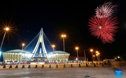 <p><strong>MAIN ATTRACTION.</strong> Fireworks light up the sky over the Morodok Techo National Stadium in Phnom Penh, Cambodia during its inauguration on Dec. 18, 2021. It will be the venue of the opening ceremony of the 32nd Southeast Asian Games on May 5, 2023 and where track and field, diving, swimming, fin swimming, badminton, 5x5 and 3x3 basketball, field hockey, lawn and table tennis, and indoor volleyball will be held. <em>(Photo by Sovannara/Xinhua)</em></p>