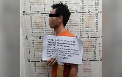 <p><strong>CAUGHT</strong>. Suspected terrorist Salip Yusop Habibulla is arrested in Barangay Baliwasan, Zamboanga City on Friday (March 31, 2023). The suspect is believed to be a member of the Sulu-based Abu Sayyaf Group. <em>(Courtesy of Naval Forces Western Mindanao)</em></p>
