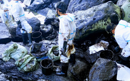 <p><strong>OIL SPILL IMPACT.</strong> Local residents and volunteers use buckets and sacks to collect oil washed ashore in Barangay Buhay na Tubig in Pola, Oriental Mindoro in this undated photo. The Philippine government expressed appreciation to all countries that have extended help in containing the oil spill caused by the sinking of oil tanker M/T Princess Empress on Feb. 28. <em>(Courtesy of Barangay Buhay na Tubig)</em></p>