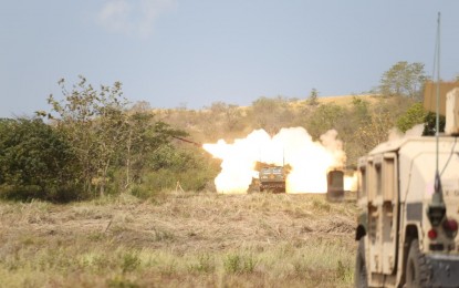 <p><strong>MODERN WEAPONS.</strong> The High Mobility Artillery Rocket System (HIMARS) fires a salvo during the live-fire exercise that is part of the ongoing Exercise “Salaknib” at the Canantong Fire Base in Laur, Nueva Ecija on March 31, 2023. The Philippine Army on Sunday (April 2, 2023) said although the HIMARS has been fired in the 2016 and 2022 iteration of the annual "Balikatan" exercises, this is the first time for the weapons platform to be used in live-fire exercises for "Salaknib". <em>(Photo courtesy of the Philippine Army)</em></p>