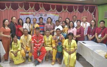 <p><strong>TRIBAL REPRESENTATIVES.</strong> Agusan del Norte Gov. Maria Angelica Rosedell Amante (standing, 4th from left) administers the oath-taking of seven new Indigenous Peoples Mandatory Representatives (IPMRs) on Monday (April 3, 2023). One was appointed Municipal IPMR of Nasipit town while six will represent villages in Santiago town. <em>(Courtesy of NCIP-13)</em></p>
