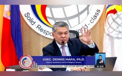 <p><strong>SLOWED DOWN.</strong> Philippine Statistics Authority Undersecretary and National Statistician Dennis Mapa during the inflation report press conference on Wednesday (April 5, 2023). Inflation in March this year slowed down to 7.6 percent from 8.6 percent in the previous month. <em>(Screenshot from PSA Facebook page)</em></p>