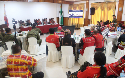 <p><strong>IP RELATIONS</strong>. Officials of the 4th Infantry Division (4ID) welcome more than 100 indigenous peoples (IP) leaders from Northern Mindanao and Caraga regions at its headquarters in Cagayan de Oro City on April 5, 2023. The meeting with IP leaders included a dialogue on peace and security measures, as well as the development agenda for IP communities. <em>(Photo courtesy of 4ID)</em></p>