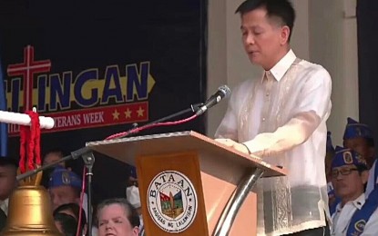 <p><strong>DAY OF VALOR.</strong> Bataan Governor Jose Enrique Garcia III delivers his message during the 81st commemoration of Araw ng Kagitingan at the Mt. Samat National Shrine in Pilar, Bataan on Monday (April 10, 2023). He joined President Ferdinand Marcos Jr. and the other delegates from the Armed Forces of the Philippines, families of war veterans and several Japanese and American officials in remembering the valor of those who died and sacrificed during World War II. <em>(Contributed photo)</em></p>