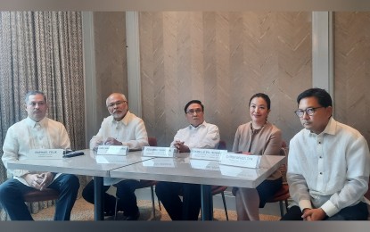 <p><strong>PHINMA EXECS</strong>. Phinma Corp. executives during a press conference at The Fifth Rockwell, Makati City on April 11, 2023. From left to right are Phinma Properties president and chief executive officer (CEO) Raphael Felix, Phinma Hospitality president and CEO Jose Mari del Rosario, Phinma Construction Materials Group (CMG) president and CEO Eduardo Sahagun, Phinma CMG vice president for insulated panels division Danielle del Rosario and Phinma Education Philippines country chief Christopher Tan.<em> (PNA photo by Kris Crismundo)</em></p>