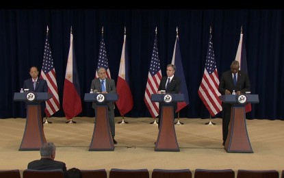 <p><strong>IRONCLAD ALLIANCE.</strong> (From left) Defense Secretary Carlito Galvez Jr., Foreign Affairs Secretary Enrique Manalo, Secretary of State Antony Blinken and US Defense Secretary Lloyd Austin III at a joint presser in Washington DC after the Philippines-US 2+2 Ministerial Dialogue on Wednesday (April 12, 2023). The Philippines and United States have agreed to “modernize” the two countries’ alliance amid the evolving security challenges in the Indo-Pacific. <em>(Screengrab)</em></p>