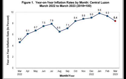 <p><strong>INFLATION EASES.</strong> The inflation rate in Central Luzon slowed down to 8.4 percent in March 2023, according to the latest report of the Philippine Statistics Authority - Regional Statistical Services Office 3 (Central Luzon). The latest figure is lower by 0.9 percentage points from 9.3 percent in February 2023. <em>(Infographic courtesy of PSA)</em></p>