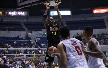 <p><strong>EQUALIZER</strong>. Rondae Hollis-Jefferson soars for the dunk in Game 2 of the PBA Governor’s Cup finals at the Smart Araneta Coliseum in Quezon City on Wednesday night (April 12, 2023). Jefferson finished with 23 points and 19 rebounds as TNT defeated Ginebra, 95-82, to tie the title series.<em> (Photo courtesy of PBA Images)</em></p>