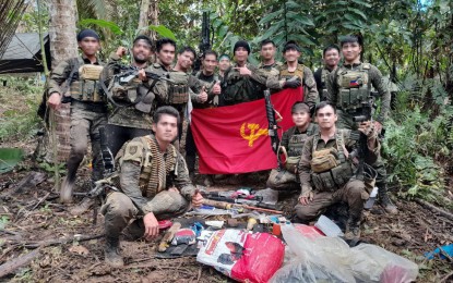 <p><strong>DISMANTLED.</strong> Soldiers of the Army's 43rd Infantry Batallion display some of the firearms recovered from captured fighters of the New People's Army front committee 2 in the mountains of Calbayog City, Samar province in this Feb. 7, 2023 photo. There are only two active NPA guerilla fronts in Samar Island with the dismantling of one front and weakening of another during the first quarter of 2023, the Philippine Army reported on Friday (April 14, 2023). <em>(Photo courtesy of Philippine Army)</em></p>