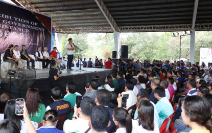 <p><strong>ALL THE WAY.</strong> President Ferdinand R. Marcos Jr. assures residents the national government will be of assistance until they recover from the oil spill during his visit to Pola, Oriental Mindoro on Saturday (April 15, 2023). President Marcos also distributed aid in cash and in kind and led an aerial inspection of the areas affected by the oil spill, which started on Feb. 28 when tanker M/T Princess Empress sank off Naujan town. <em>(PNA photo by Alfred Frias)</em></p>