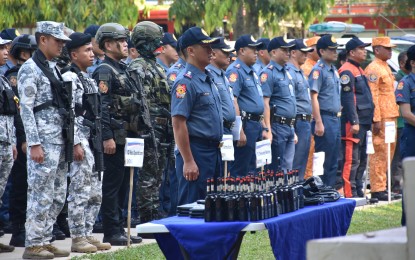 <p><strong>FULL FORCE.</strong> The Philippine National Police, other uniformed service units, and civilian emergency response teams will secure the return of the “Panaad Sa Negros Festival” in Bacolod City on April 17 to 23, 2023. A total of 680 were deployed by the Task Group Panaad Festival during a ceremonial send-off at the Negros Occidental Police Provincial Office grounds on Saturday (April 15, 2023). <em>(Courtesy of NOCPPO)</em></p>