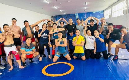<p><strong>TRAINING.</strong> National wrestlers pose for a group shot during break from training at the gym inside the Rizal Memorial Sports Complex in Malate, Manila in this undated photo. They are preparing for the Cambodia SEA Games scheduled on May 5-17, 2023. <em>(Contributed photo)</em></p>