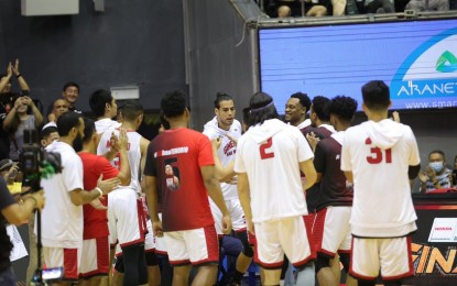 <p><strong>GOVS' BEST.</strong> Ginebra's Christian Standhardinger (center) is congratulated by his teammates as he is named the PBA Governors' Cup Best Player of the Conference at Smart Araneta Coliseum in Quezon City on Sunday (April 16, 2023). Ginebra and TNT are disputing the title. <em>(Courtesy of Araneta Coliseum Facebook)</em></p>