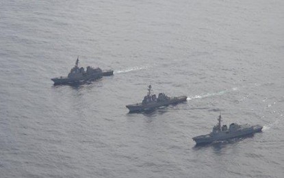 <p><strong>DEFENSE DRILLS.</strong> South Korean, US and Japanese warships engage in maritime drills in the international waters of East Asia on this February 22, 2023 photo. The three countries have stepped up their efforts in deterrence against North Korean threats. <em>(Yonhap file photo)</em></p>