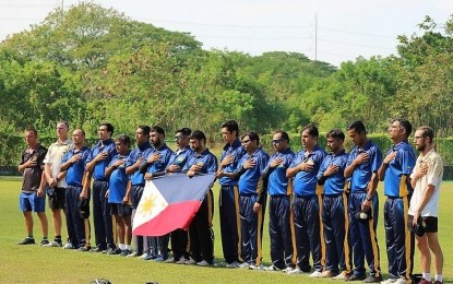 <p><strong>READY.</strong> The men's cricket team members sing the national anthem in a photo taken last year. The Philippines will send 30 athletes to the Cambodia Southeast Asian Games scheduled May 5 to 17. <em>(Contributed photo)</em></p>