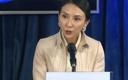 <p><strong>STILL OPEN</strong>. Tourism Secretary Christina Frasco attends a Malacañang press briefing on Tuesday (April 18, 2023). Frasco said Puerto Galera remains open as water quality indicates no direct link that the popular dive destination in Oriental Mindoro has been affected by the oil spill from the sunken MT Princess Empress. <em>(Screenshot from RTVM)</em></p>