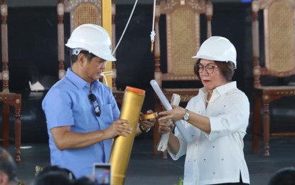 <p><strong>HOUSING PROJECT</strong>. President Ferdinand Marcos Jr. (left) and Pulilan Mayor Maria Rosario Ochoa-Montejo (right) lead the groundbreaking ceremony for the Pambansang Pabahay Para sa Pilipino (4PH) project in Pulilan, Bulacan on Wednesday (April 19, 2023). The President, together with some government and local officials, attended the mega groundbreaking ceremonies for three 4PH projects in Bulacan. <em>(Photo courtesy of Pulilan LGU)</em></p>